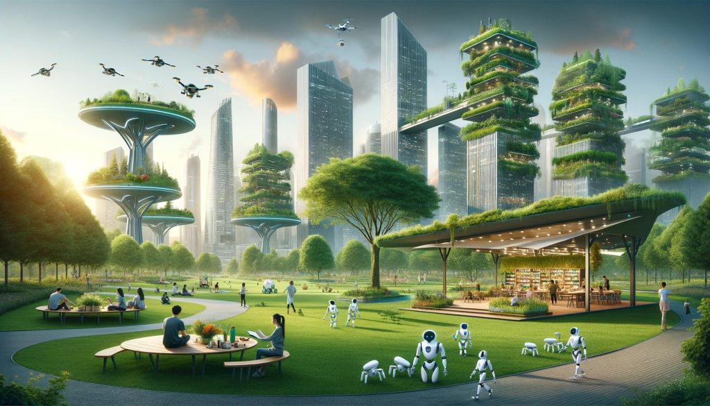 Miasto przyszłości - wysokie, nowoczesne budynki, nad którymi lata kilka dronów. Na części z budynków widać dużo zieleni. Przed budynkami znajduje się park, w którym jest wiele drzew, trawa oraz ludzie i roboty. W parku znajduje się także zadaszona restauracja.